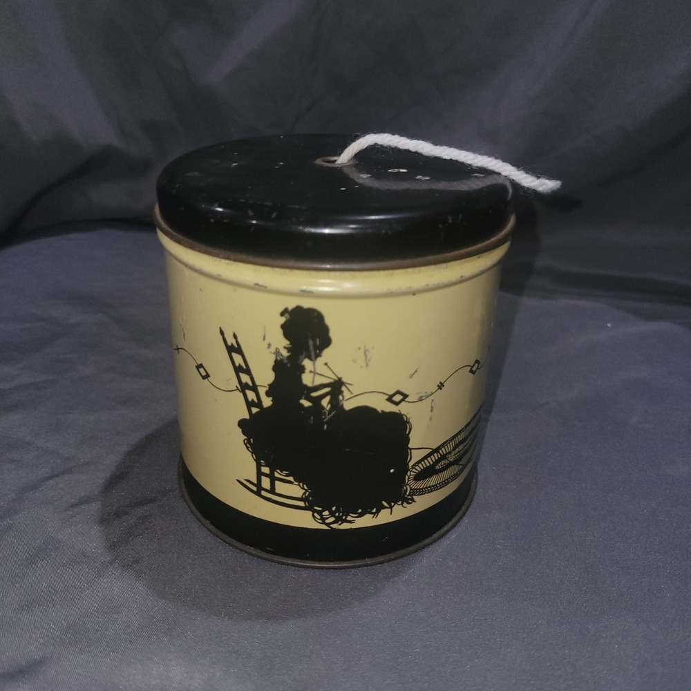 Vintage Tin Yarn String Dispenser Holder Silhoute Knitting Lady & Cat Notions